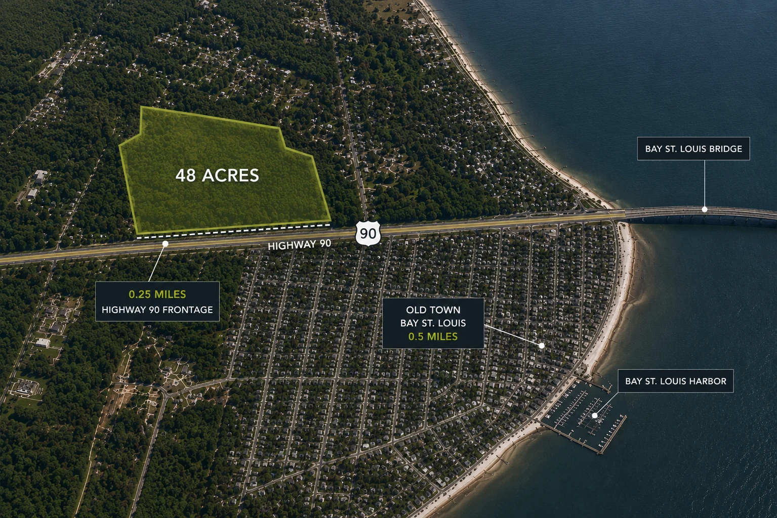 Aerial site plan showing the 48 acre property, Highway 90 frontage, and proximity to Old Town Bay St. Louis, Bay St. Louis Harbor, and the Bay St. Louis Bridge.